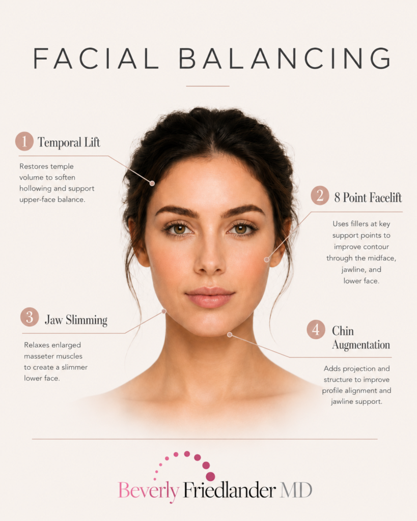 432fc405-0fd9-4e18-8096-0f13e7431c22 infographic displaying facial balancing treatments offered a Beverly Friedlander MD in Short Hills